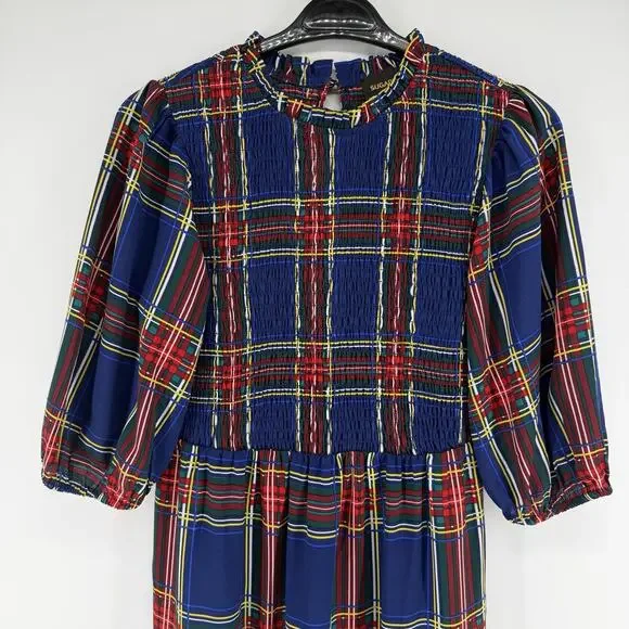 Sugarlips Lakeview Blue Red Plaid Smocked Tiered Maxi Dress Womens Size Medium - Picture 3 of 13
